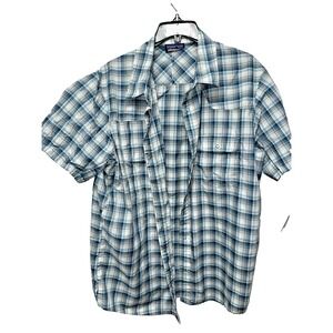 Patagonia Shirt Mens Large Blue Plaid Short Sleeve Snap Button Down Air Vents